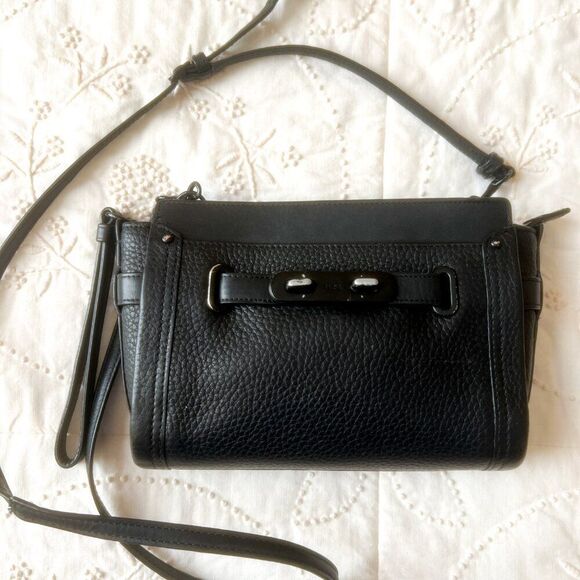 Coach Swagger Wristlet Black Crossbody Small Handbag Black Pepple Leather - Picture 8 of 10